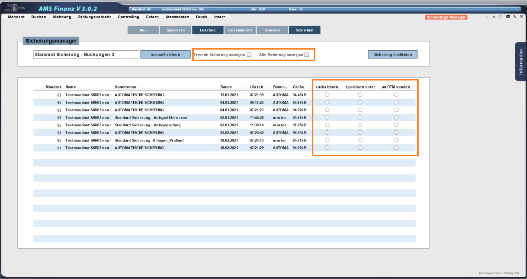 Mandant Sicherungsmanager DTM sichern