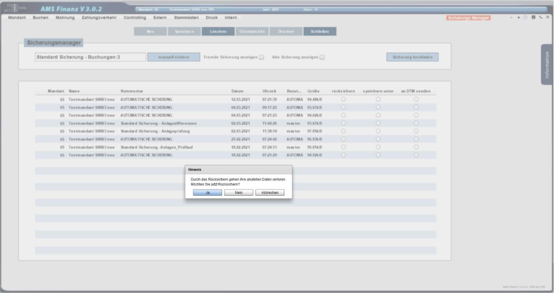 Mandant Sicherungsmanager Rückgängig