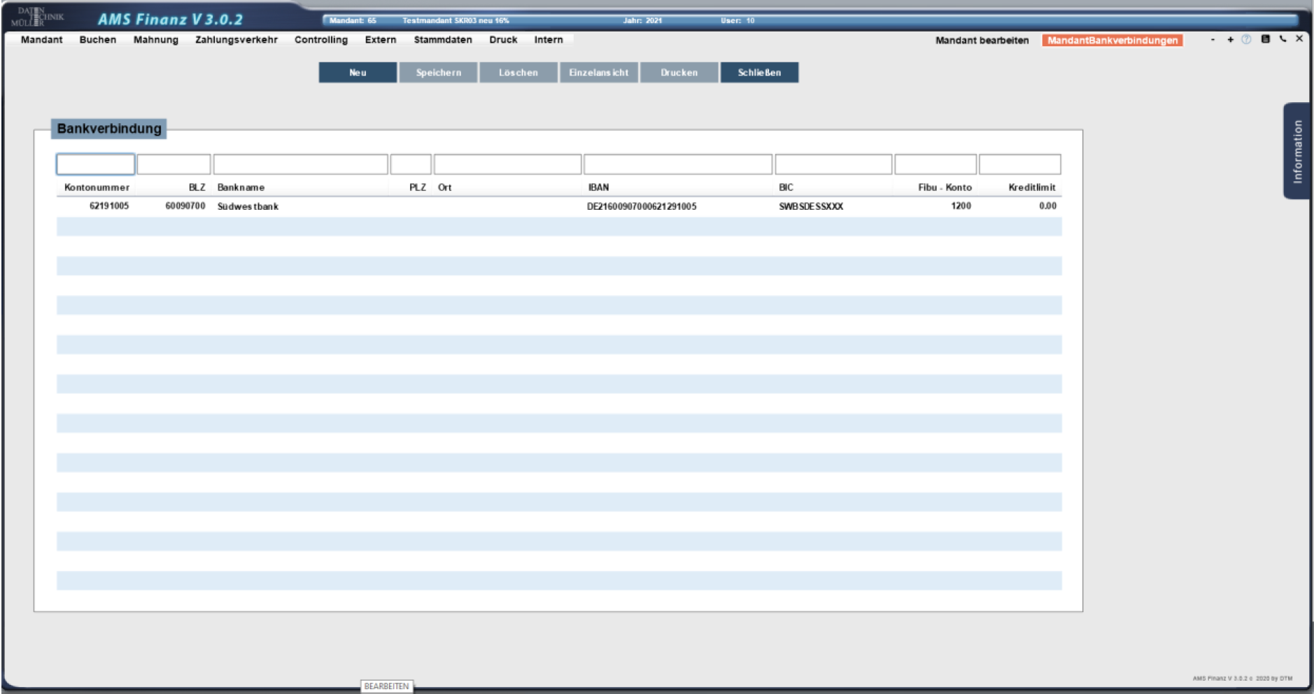 Mandant bearbeiten Bankverbindungen