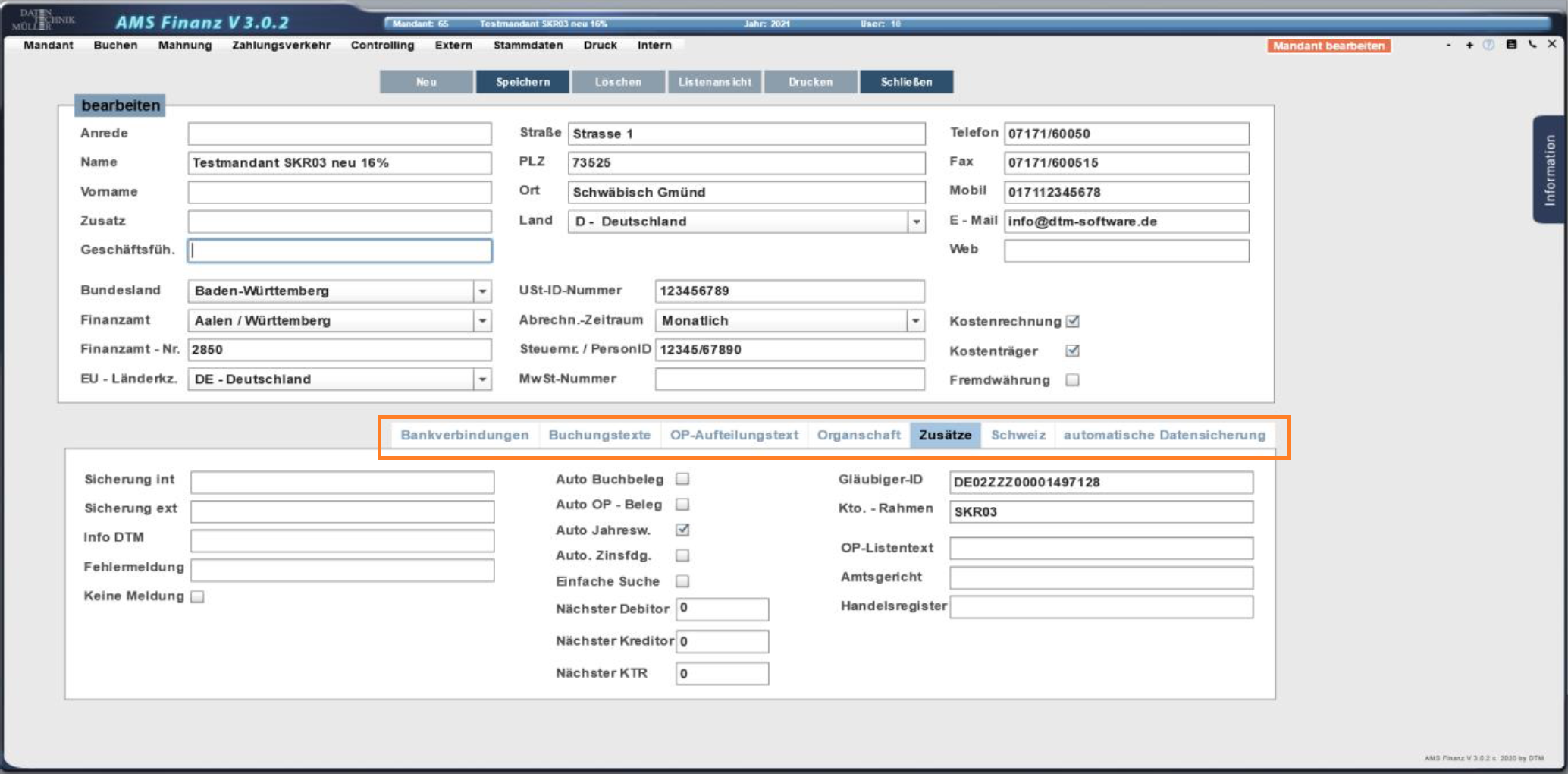 Mandant bearbeiten Reiter