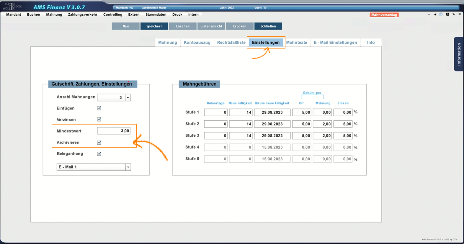 Mahnvorschlag_Einstellungen-Archivieren